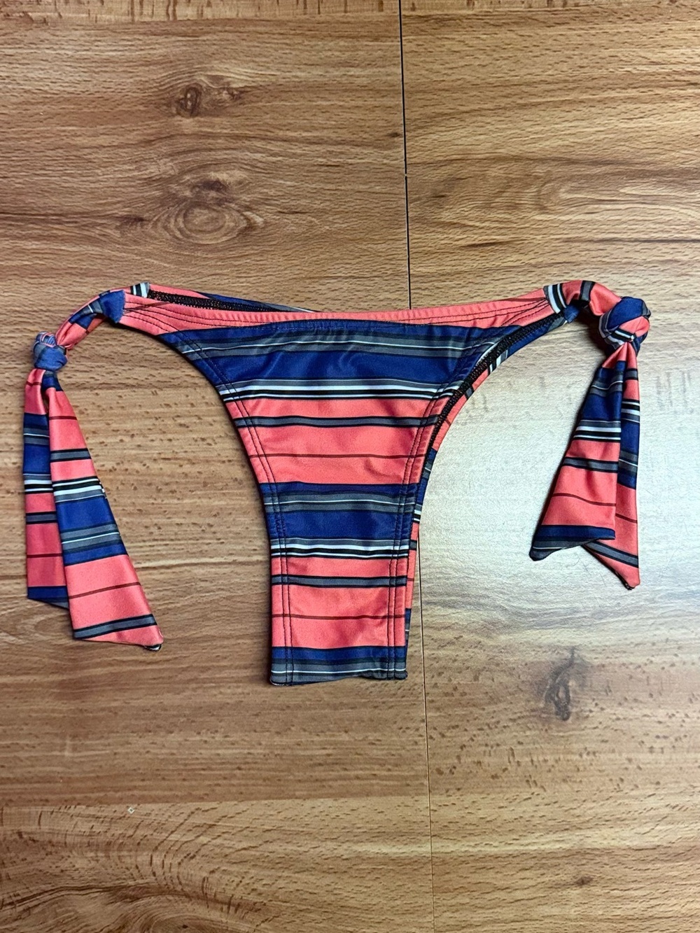Striped Coral and Navy Tie-Side Bikini Bottom